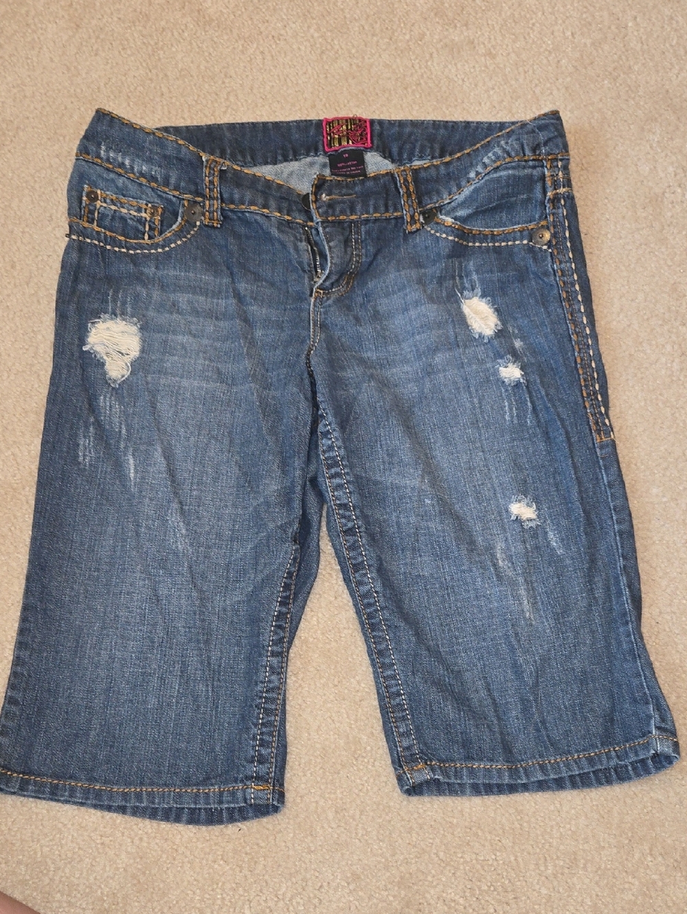 torrid Blue Denim Jean Bermuda Shorts with Hot Pink Logo Patch